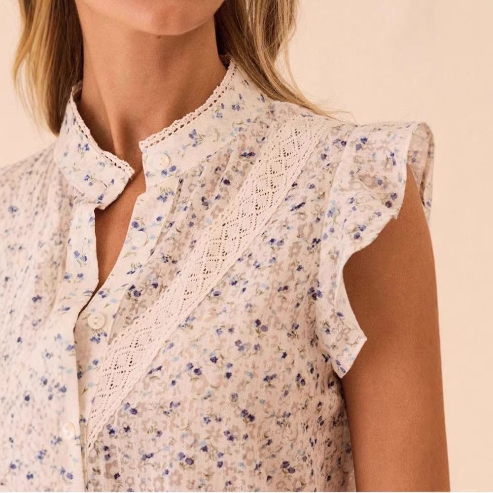 Womens Printed Floral Lace - Patchwork Cap Sleeve Shirt - LADYLINE X
