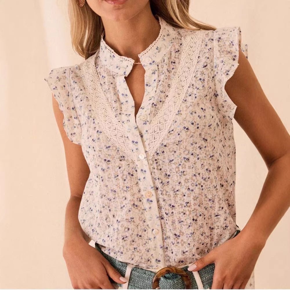 Womens Printed Floral Lace - Patchwork Cap Sleeve Shirt - LADYLINE X