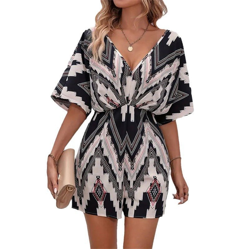 Women's Printed V - neck One - piece Sleeve Loose Jumpsuit - LADYLINE X