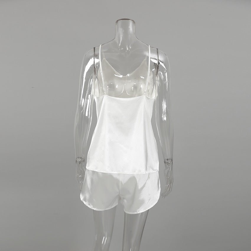 Women's Pure Color Ice Silk Backless Sling Vest Shorts Set - LADYLINE X