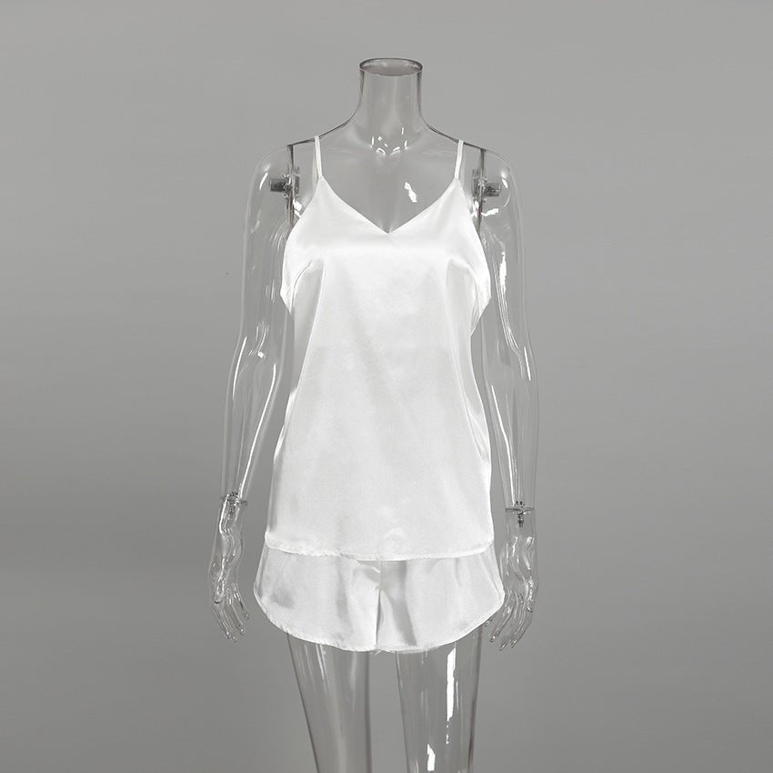Women's Pure Color Ice Silk Backless Sling Vest Shorts Set - LADYLINE X