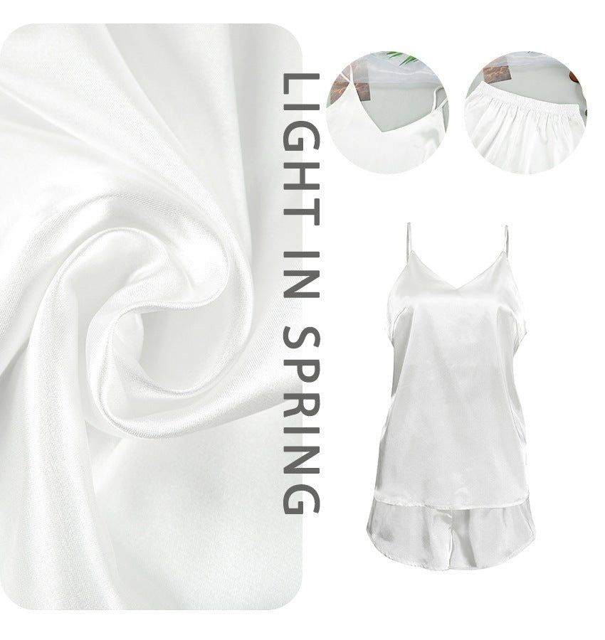 Women's Pure Color Ice Silk Backless Sling Vest Shorts Set - LADYLINE X