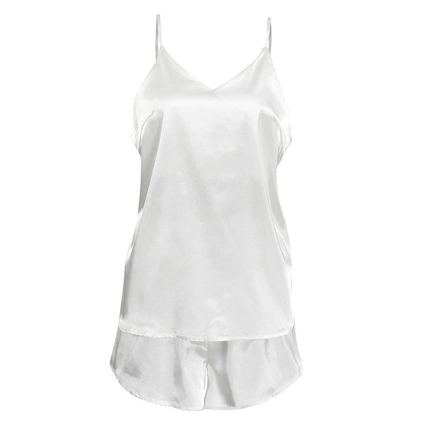 Women's Pure Color Ice Silk Backless Sling Vest Shorts Set - LADYLINE X