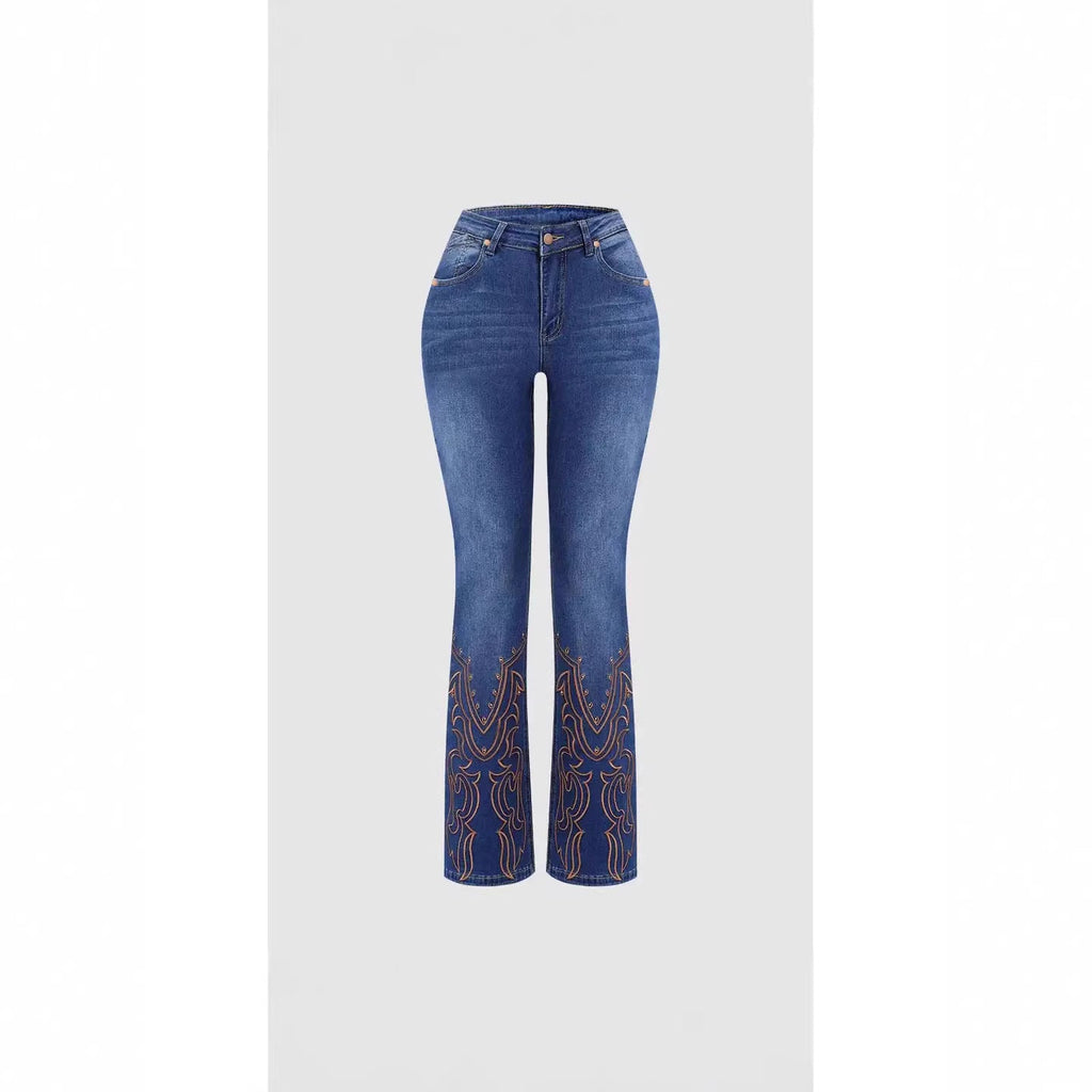 Womens Retro Beaded Embroidered Stretch Denim Jeans - LADYLINE X