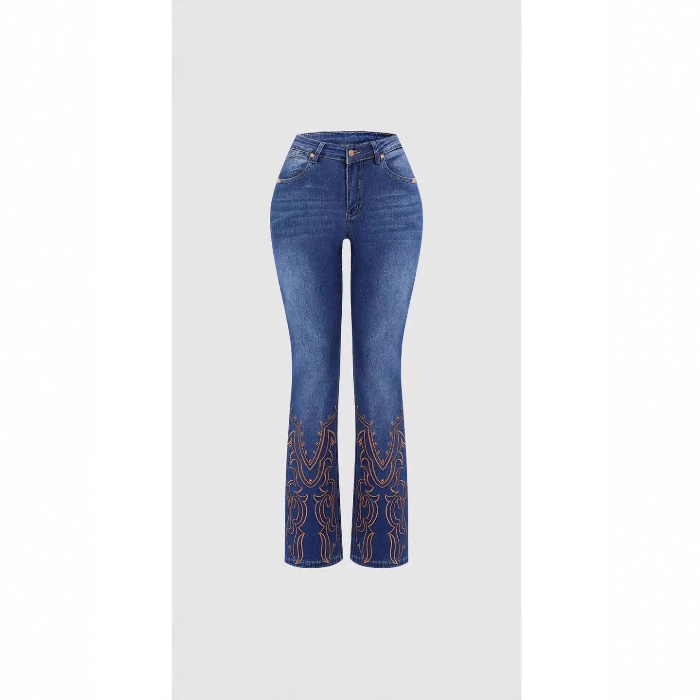 Womens Retro Beaded Embroidered Stretch Denim Jeans - LADYLINE X