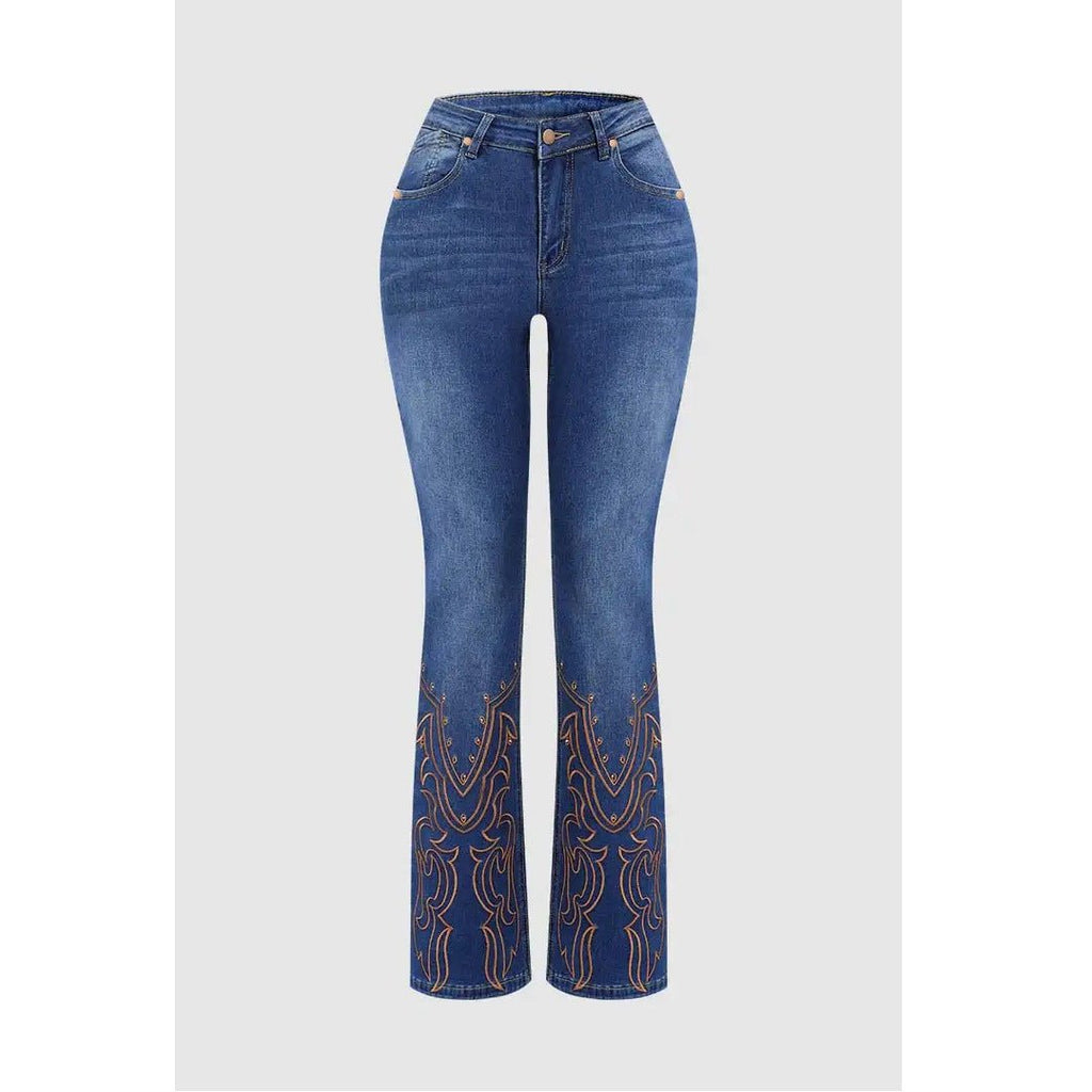 Womens Retro Beaded Embroidered Stretch Denim Jeans - LADYLINE X