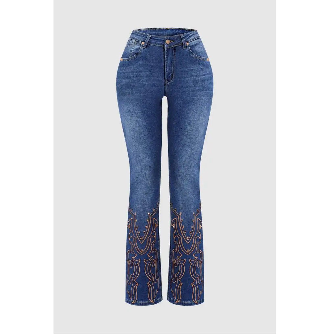 Womens Retro Beaded Embroidered Stretch Denim Jeans - LADYLINE X
