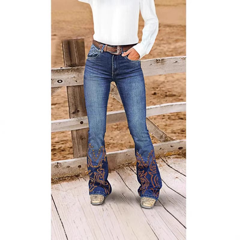 Womens Retro Beaded Embroidered Stretch Denim Jeans - LADYLINE X