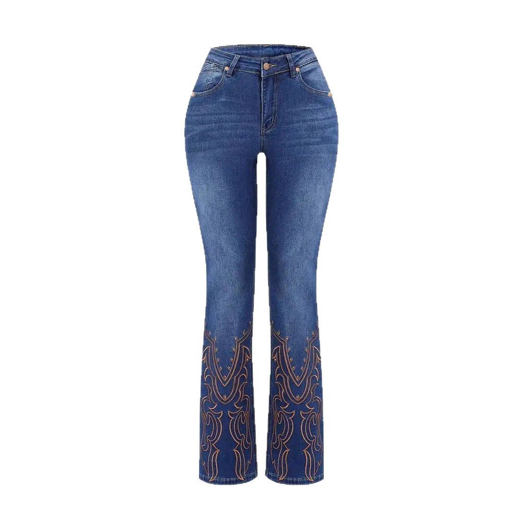 Womens Retro Beaded Embroidered Stretch Denim Jeans - LADYLINE X