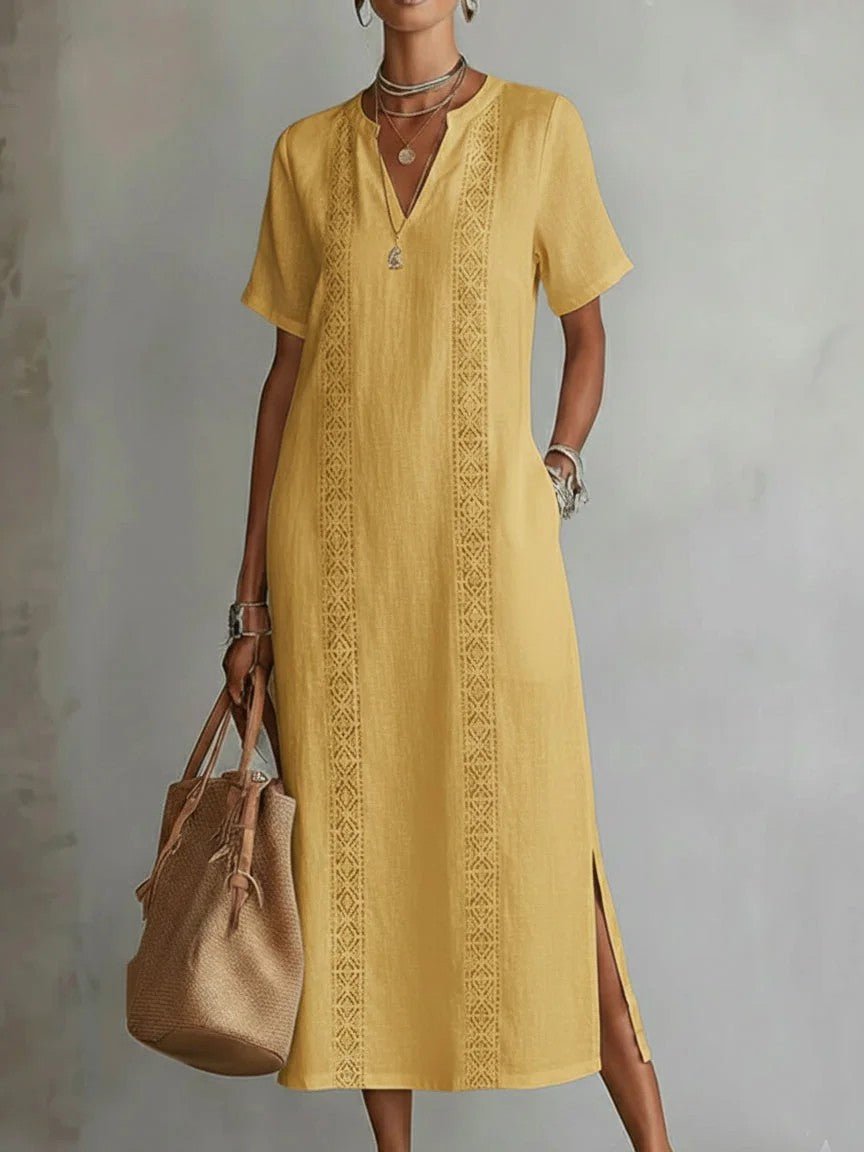 Women's Retro Hollow - Out Lace V - Neck Cotton - Linen Dress - LADYLINE X