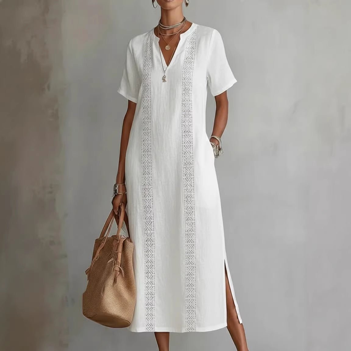 Women's Retro Hollow - Out Lace V - Neck Cotton - Linen Dress - LADYLINE X