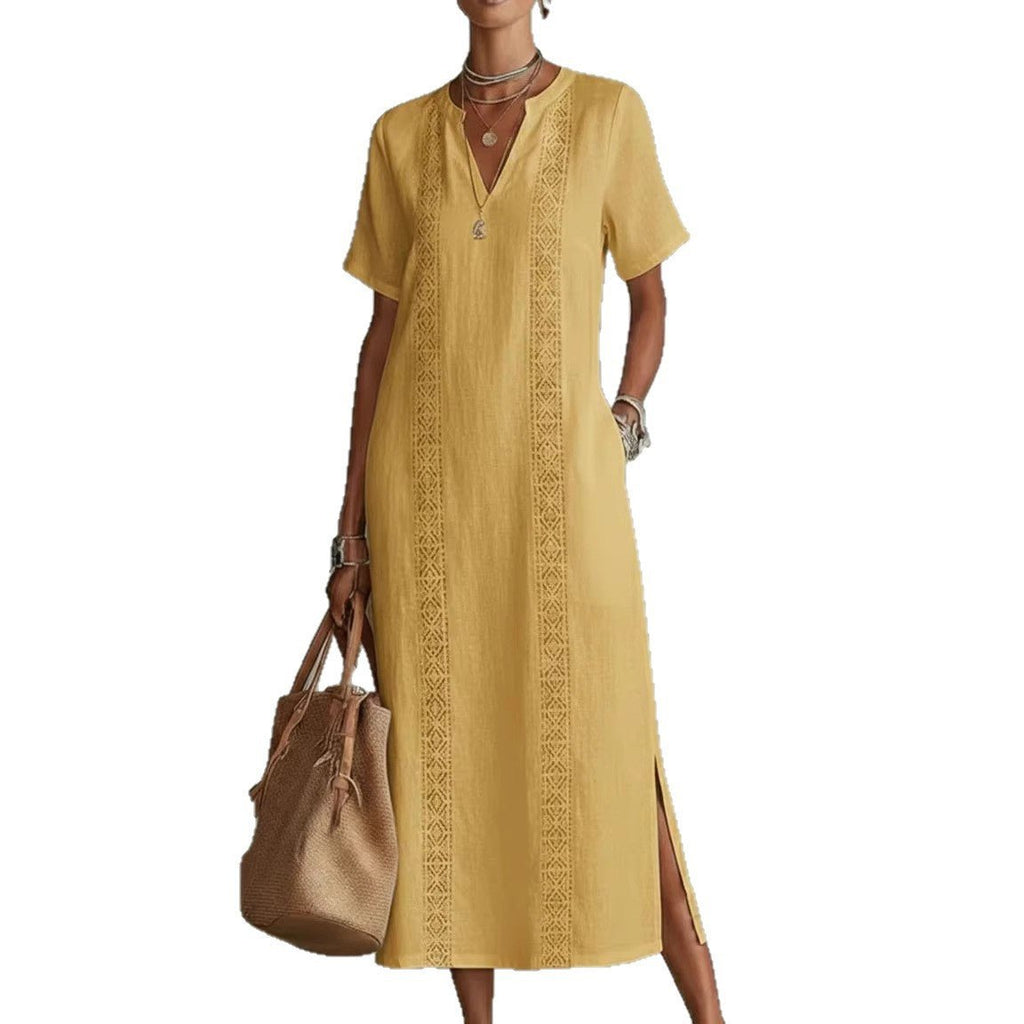 Women's Retro Hollow - Out Lace V - Neck Cotton - Linen Dress - LADYLINE X