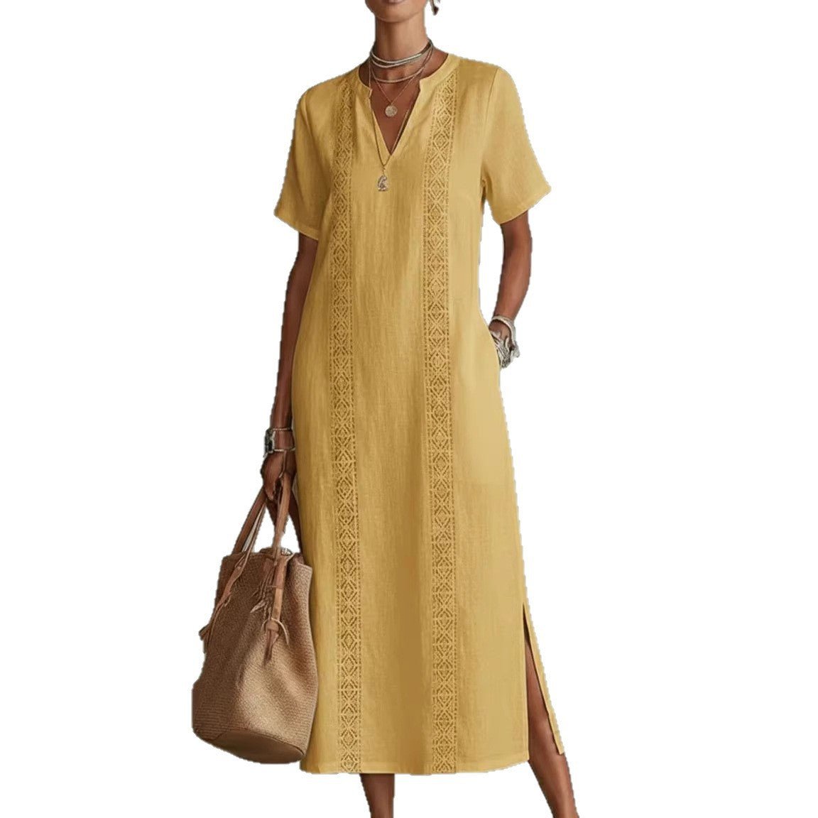 Women's Retro Hollow - Out Lace V - Neck Cotton - Linen Dress - LADYLINE X