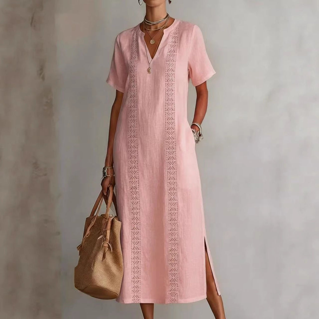 Women's Retro Hollow - Out Lace V - Neck Cotton - Linen Dress - LADYLINE X