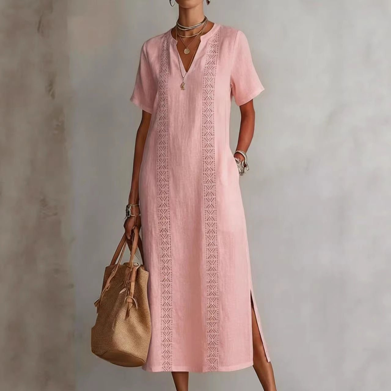 Women's Retro Hollow - Out Lace V - Neck Cotton - Linen Dress - LADYLINE X