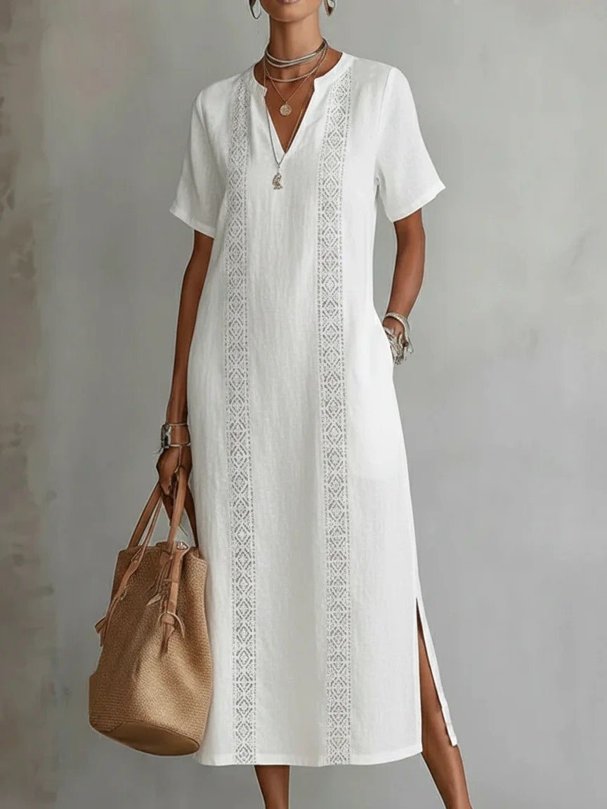 Women's Retro Hollow - Out Lace V - Neck Cotton - Linen Dress - LADYLINE X