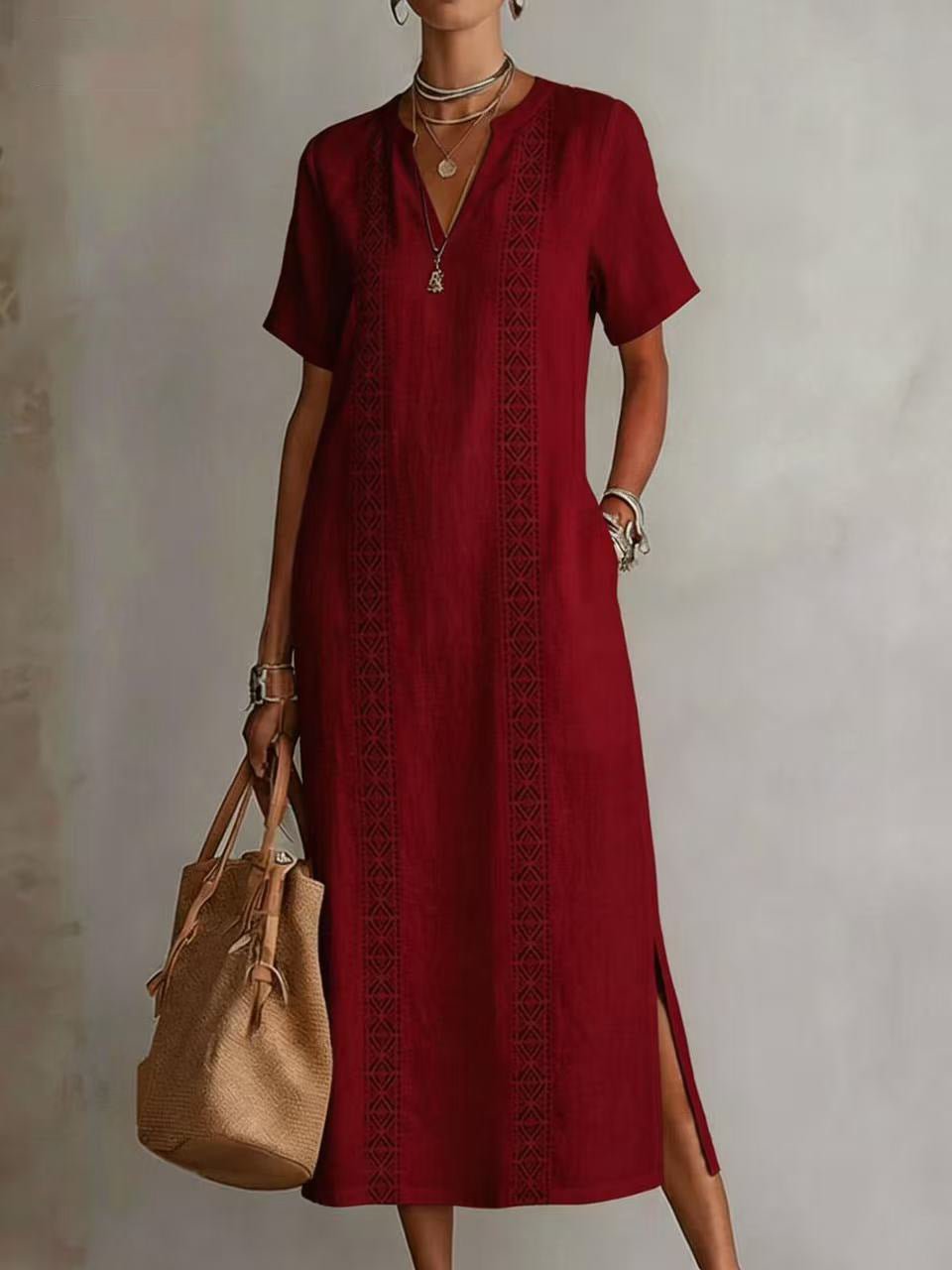 Women's Retro Hollow - Out Lace V - Neck Cotton - Linen Dress - LADYLINE X