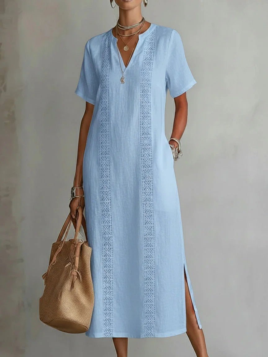 Women's Retro Hollow - Out Lace V - Neck Cotton - Linen Dress - LADYLINE X