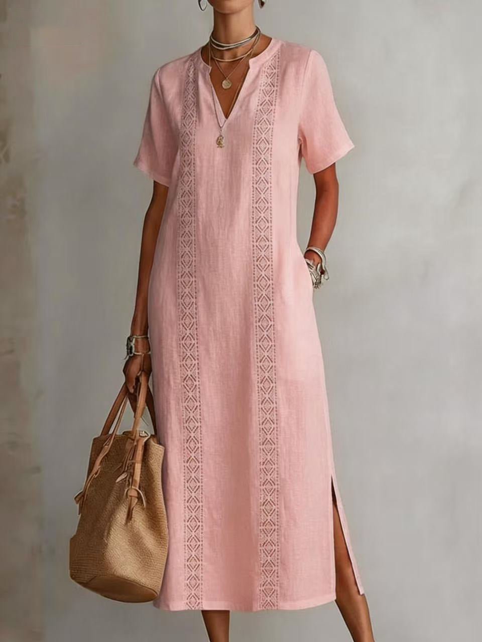 Women's Retro Hollow - Out Lace V - Neck Cotton - Linen Dress - LADYLINE X