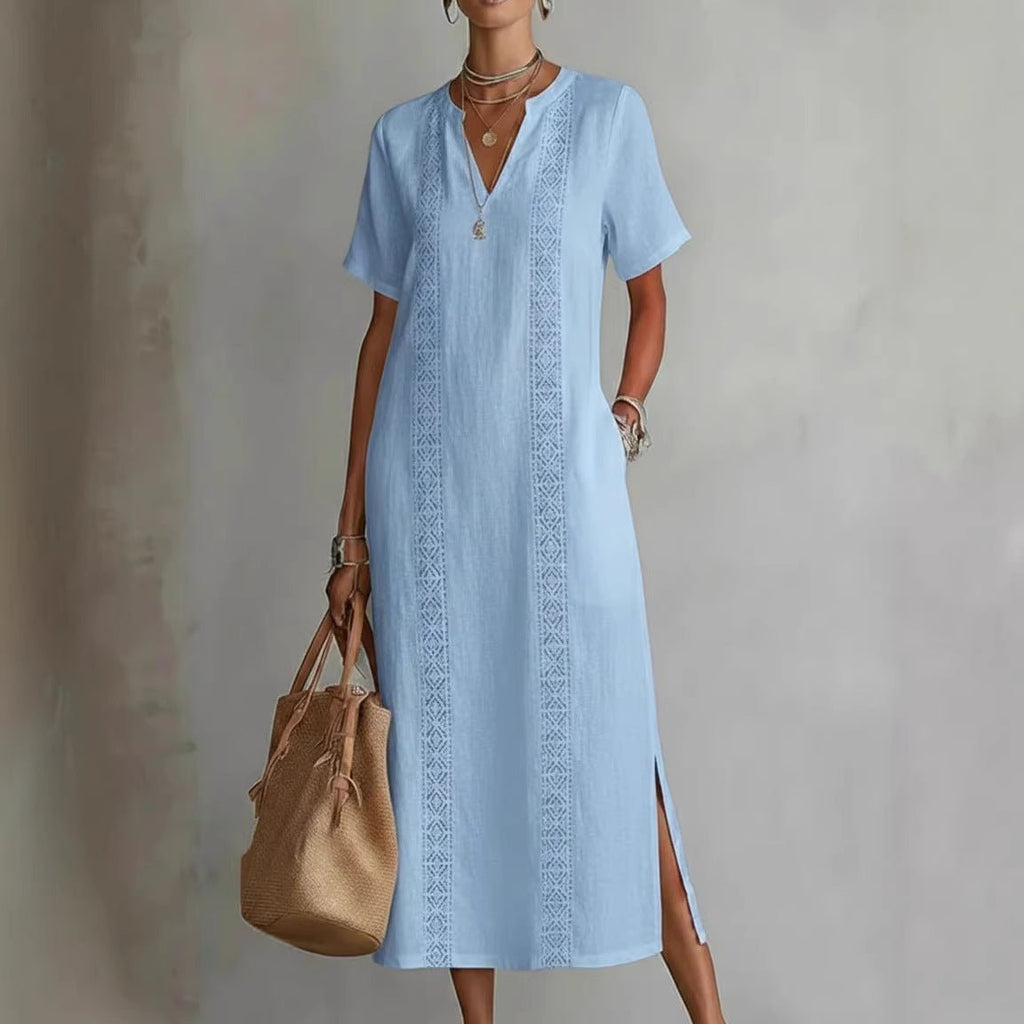 Women's Retro Hollow - Out Lace V - Neck Cotton - Linen Dress - LADYLINE X