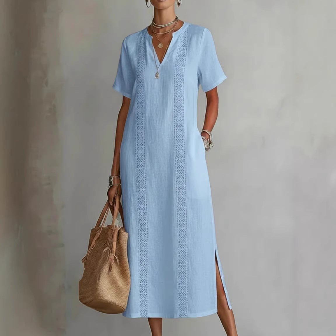 Women's Retro Hollow - Out Lace V - Neck Cotton - Linen Dress - LADYLINE X
