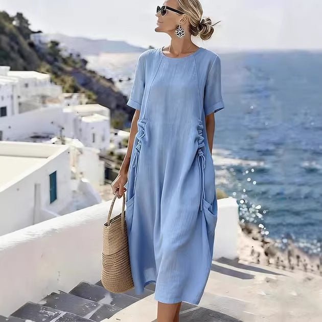 Womens Retro Waist - Cinched Drawstring Pocket Crew - Neck Short - Sleeve Dress - LADYLINE X