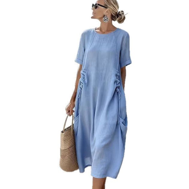 Womens Retro Waist - Cinched Drawstring Pocket Crew - Neck Short - Sleeve Dress - LADYLINE X