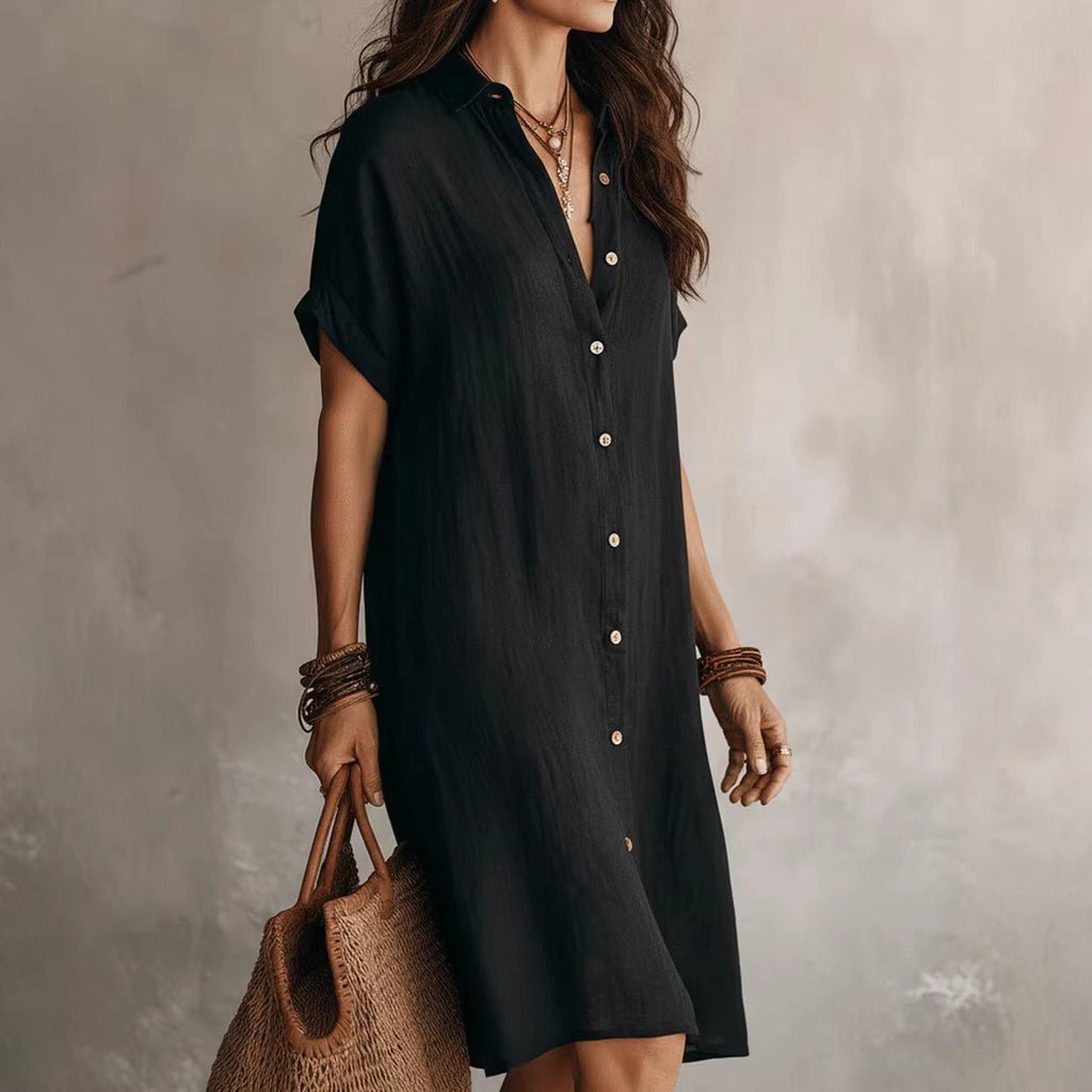 Women's Short - sleeve Buttoned Midi Shirt Dress - LADYLINE X