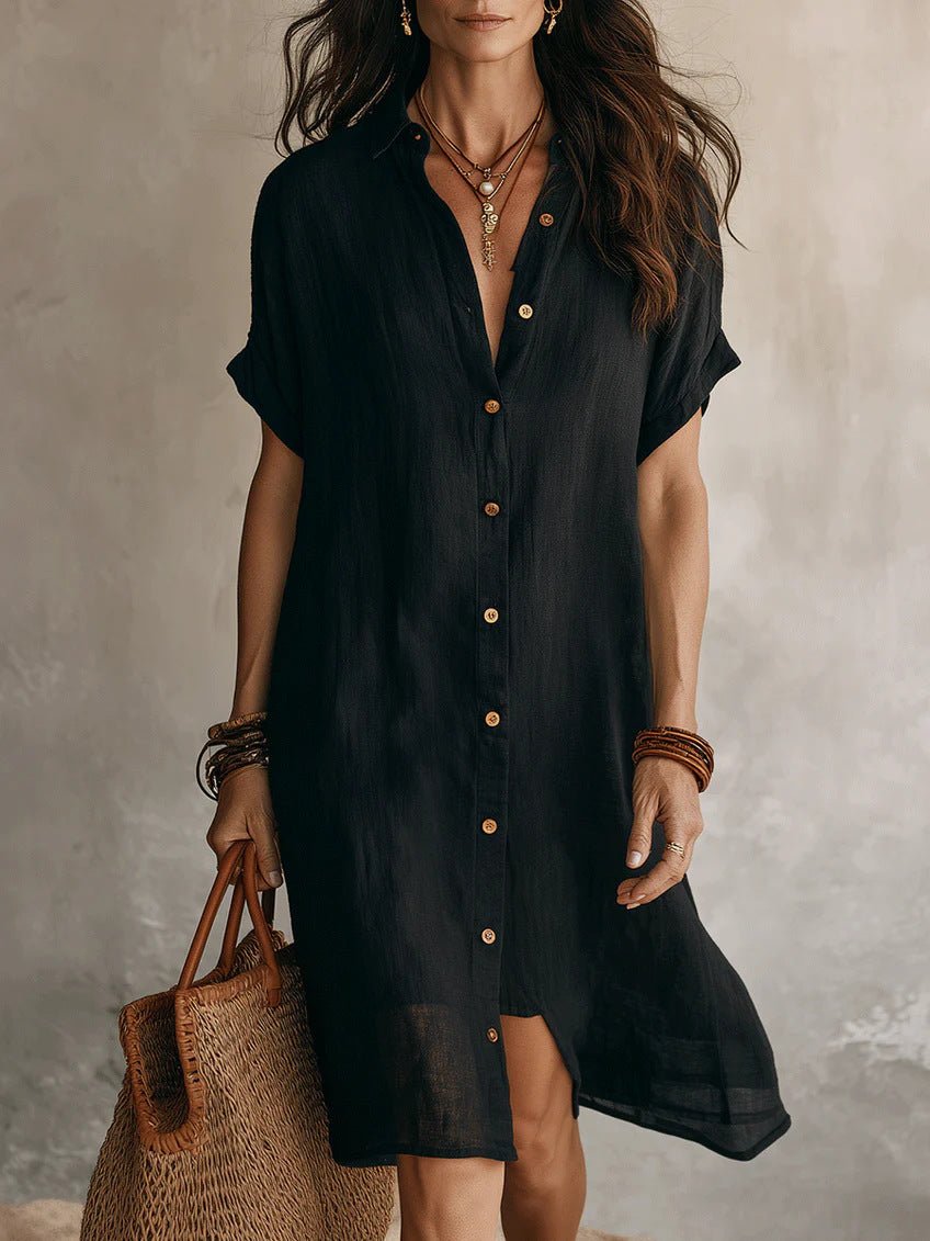 Women's Short - sleeve Buttoned Midi Shirt Dress - LADYLINE X