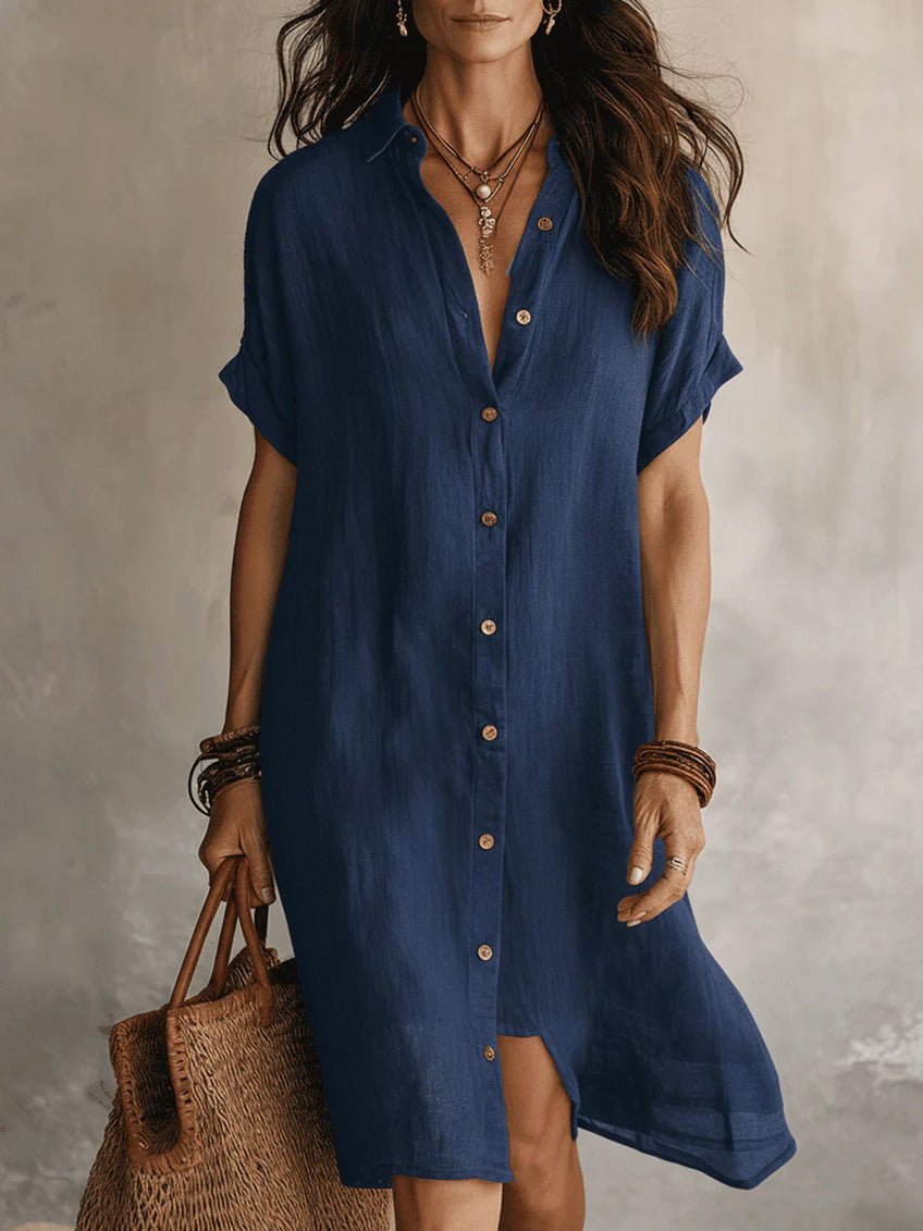 Women's Short - sleeve Buttoned Midi Shirt Dress - LADYLINE X