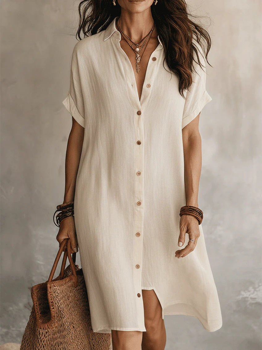 Women's Short - sleeve Buttoned Midi Shirt Dress - LADYLINE X