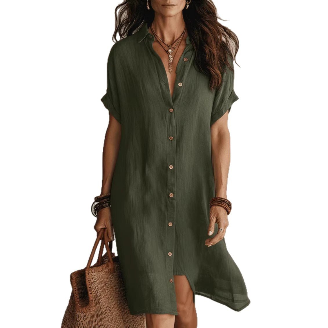 Women's Short - sleeve Buttoned Midi Shirt Dress - LADYLINE X