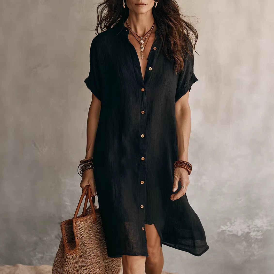 Women's Short - sleeve Buttoned Midi Shirt Dress - LADYLINE X