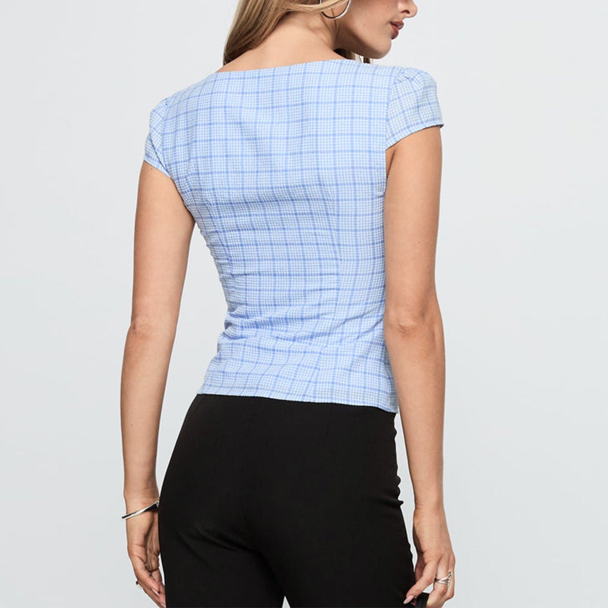 Womens Short - sleeve Plaid Button - up Top Short Blouse - LADYLINE X