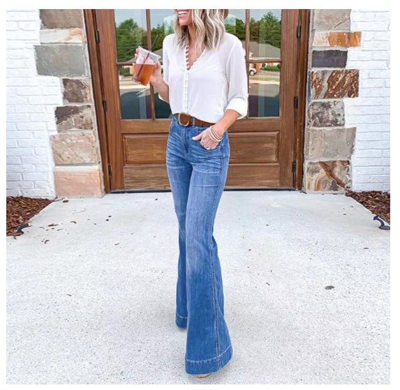 Women's Simple Flared Wide - leg Denim Trousers - LADYLINE X