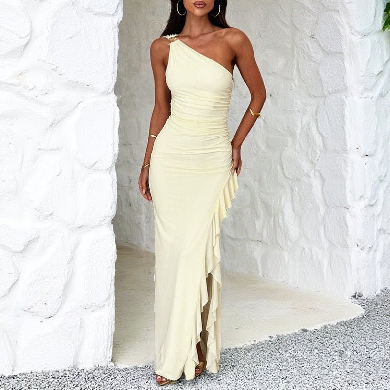 Women's Slant - Shoulder Ruffle - Front Split Dress - LADYLINE X