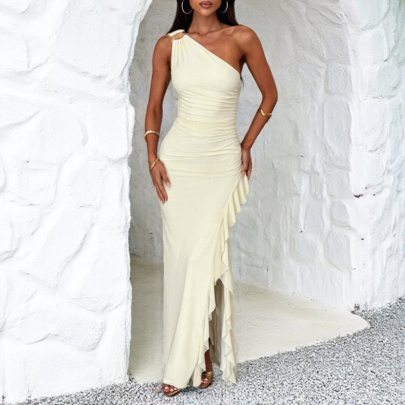 Women's Slant - Shoulder Ruffle - Front Split Dress - LADYLINE X