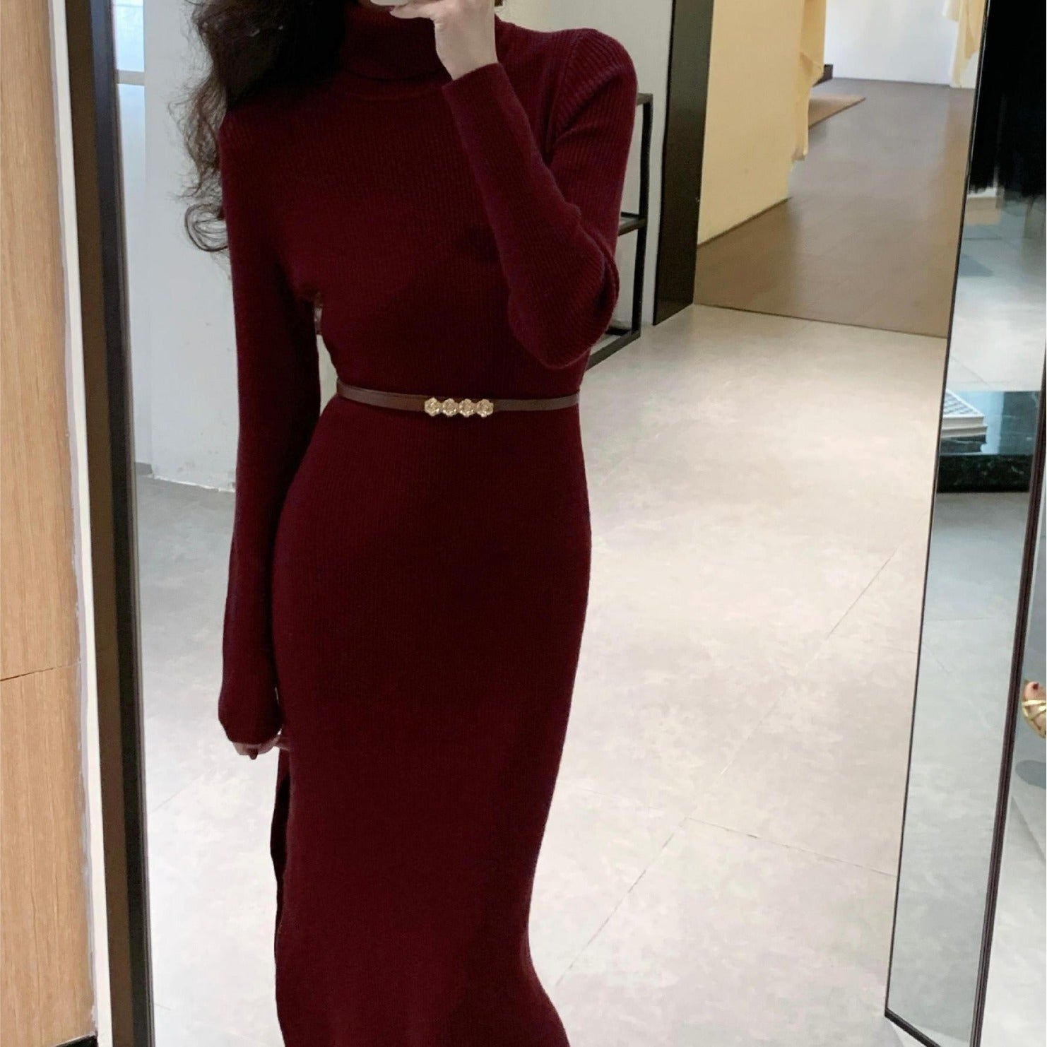 Womens Slim - Fit High - Neck Knitted Dress With Side Slit - LADYLINE X