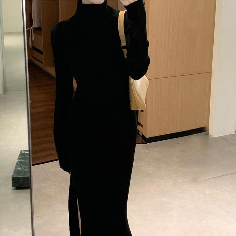 Womens Slim - Fit High - Neck Knitted Dress With Side Slit - LADYLINE X