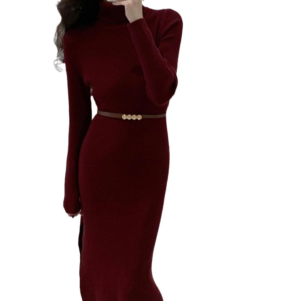 Womens Slim - Fit High - Neck Knitted Dress With Side Slit - LADYLINE X
