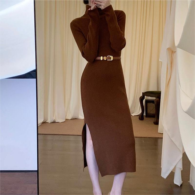 Womens Slim - Fit High - Neck Knitted Dress With Side Slit - LADYLINE X