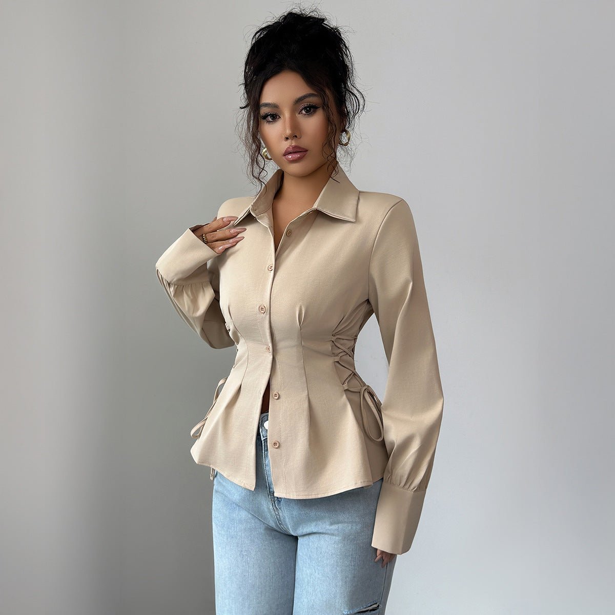 Womens Solid - Color Elegant Buttoned Waist - Cinched Shirt - LADYLINE X