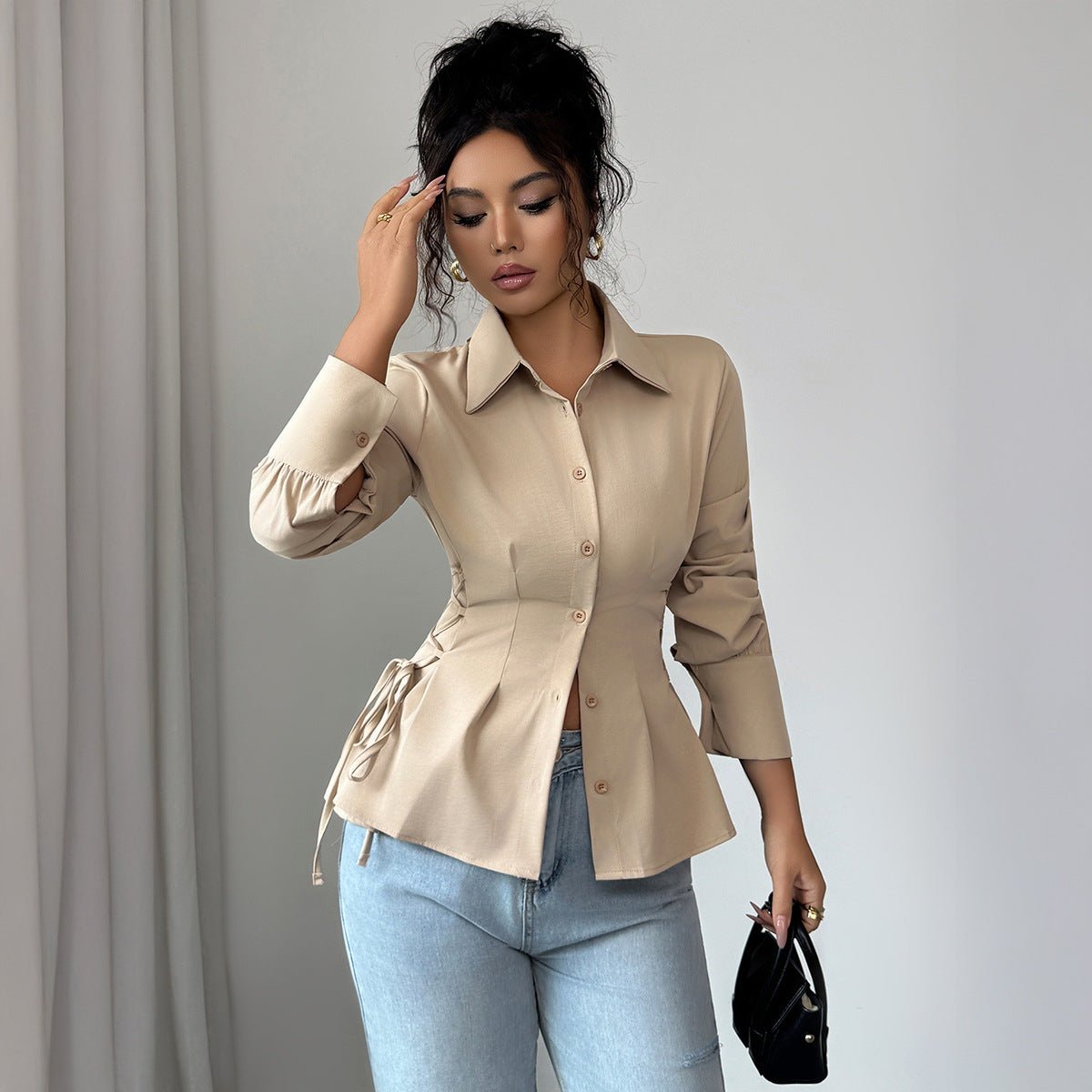 Womens Solid - Color Elegant Buttoned Waist - Cinched Shirt - LADYLINE X