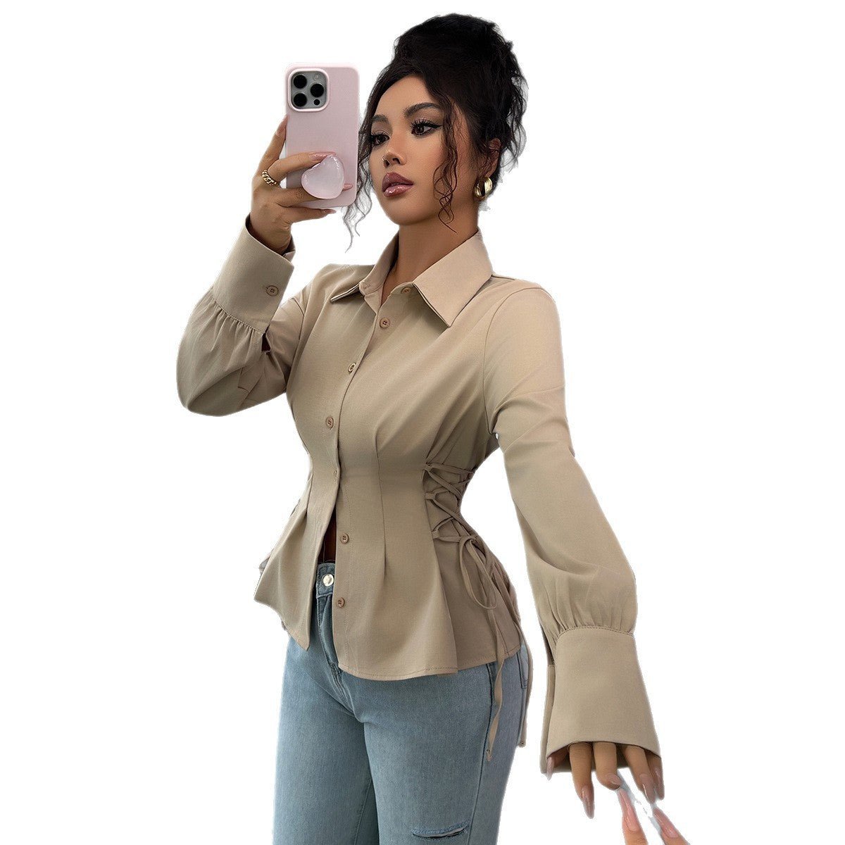 Womens Solid - Color Elegant Buttoned Waist - Cinched Shirt - LADYLINE X