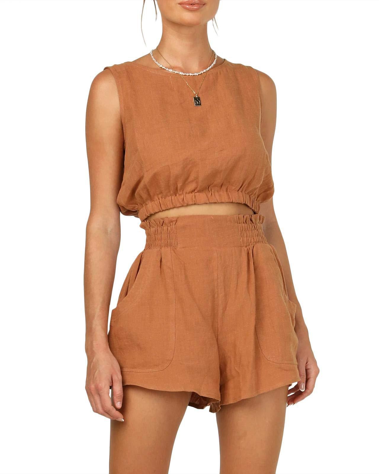 Women's Solid Color Sleeveless Short Top Shorts Suit - LADYLINE X