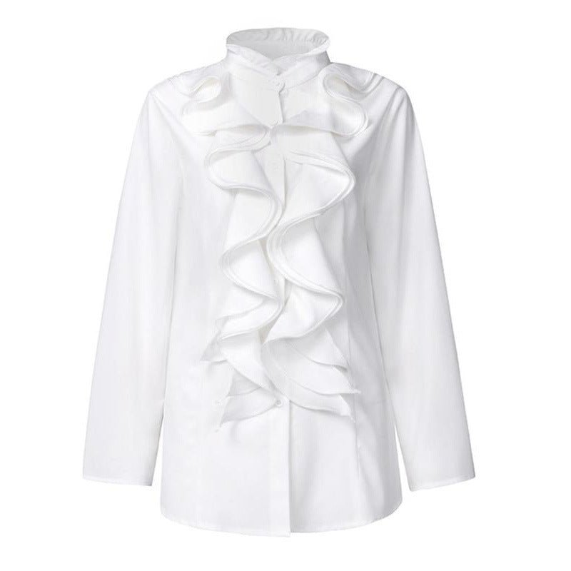 Women's Solid - Colored Ruffle - Trimmed Button - Front Shirt - LADYLINE X