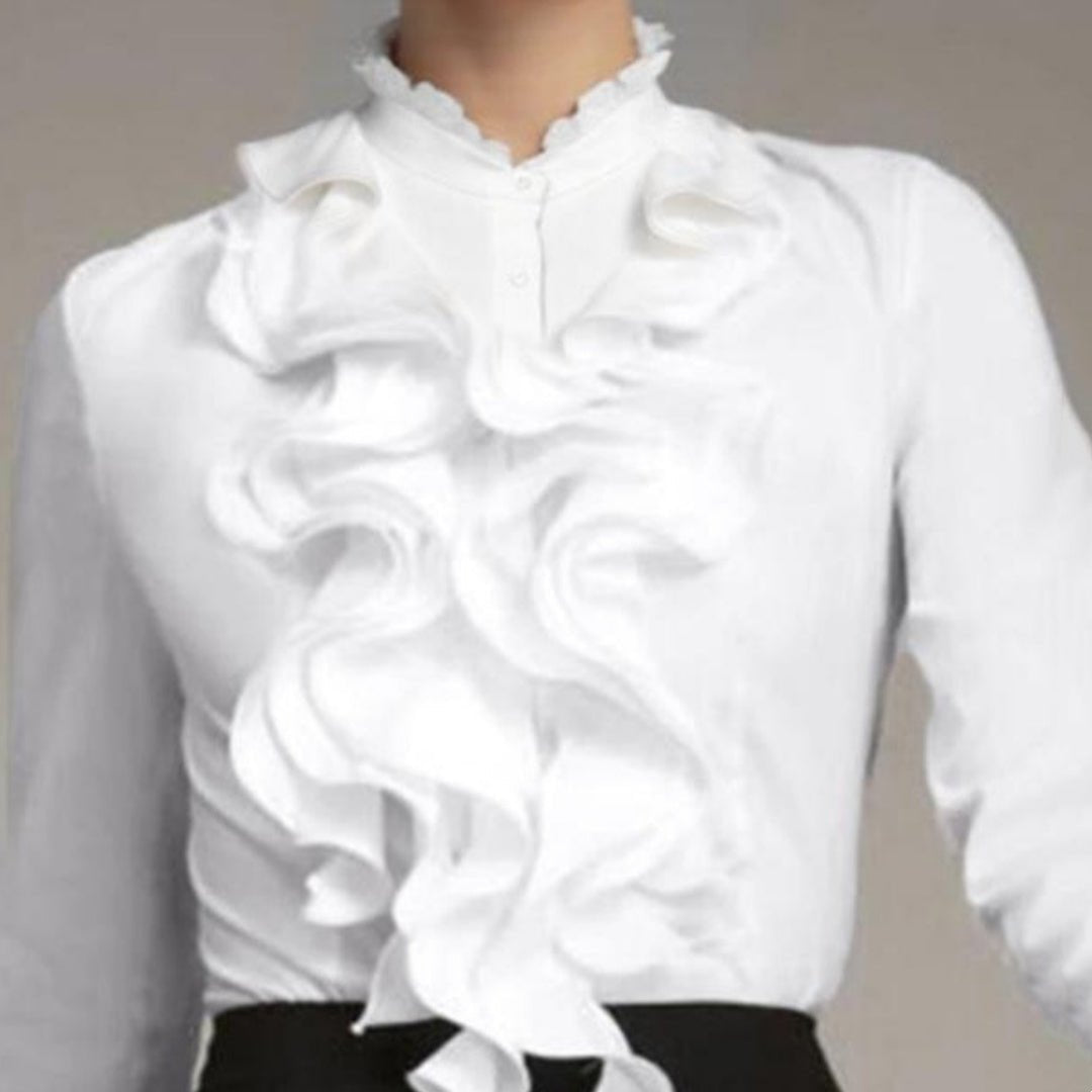 Women's Solid - Colored Ruffle - Trimmed Button - Front Shirt - LADYLINE X