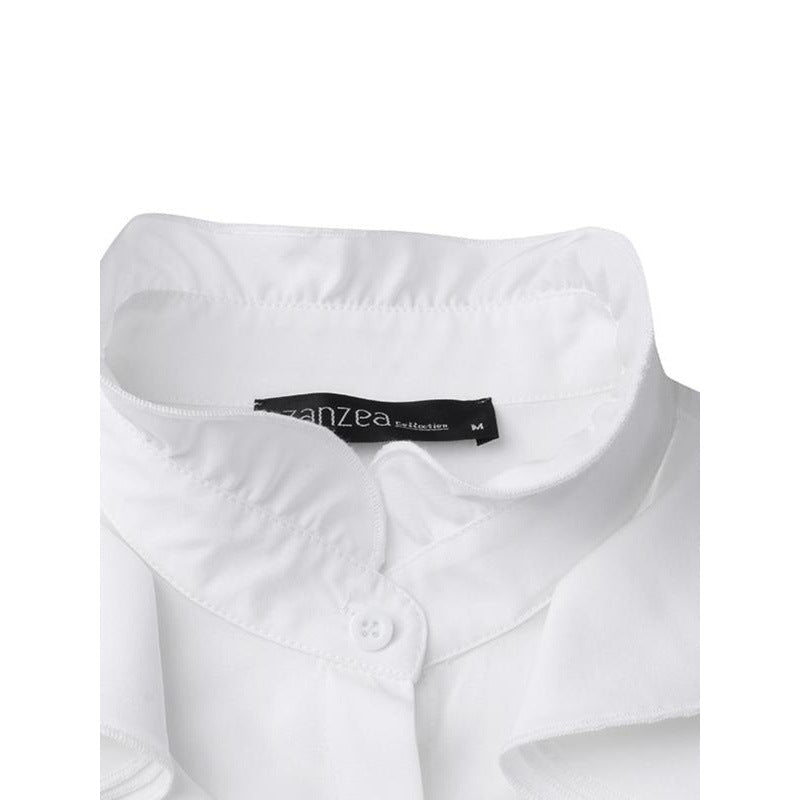 Women's Solid - Colored Ruffle - Trimmed Button - Front Shirt - LADYLINE X