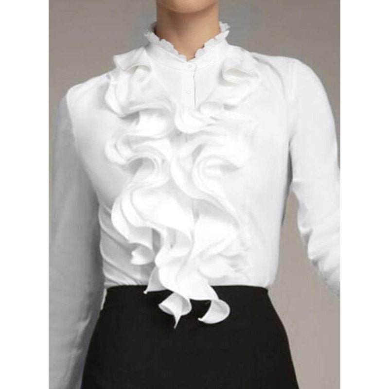 Women's Solid - Colored Ruffle - Trimmed Button - Front Shirt - LADYLINE X