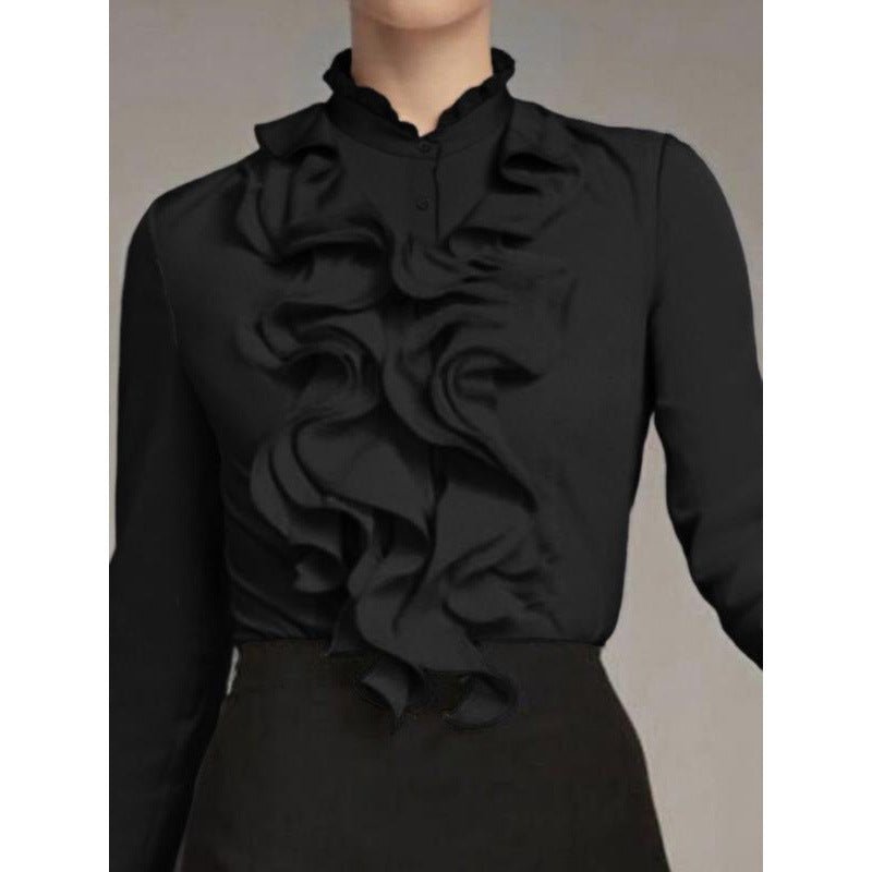 Women's Solid - Colored Ruffle - Trimmed Button - Front Shirt - LADYLINE X